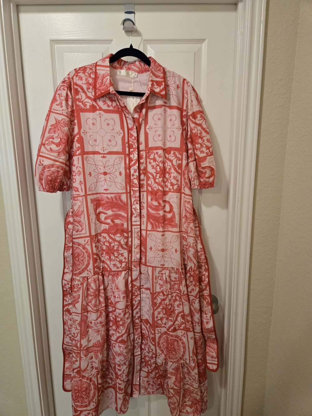 Pink Tile-Print Maxi Shirt Dress